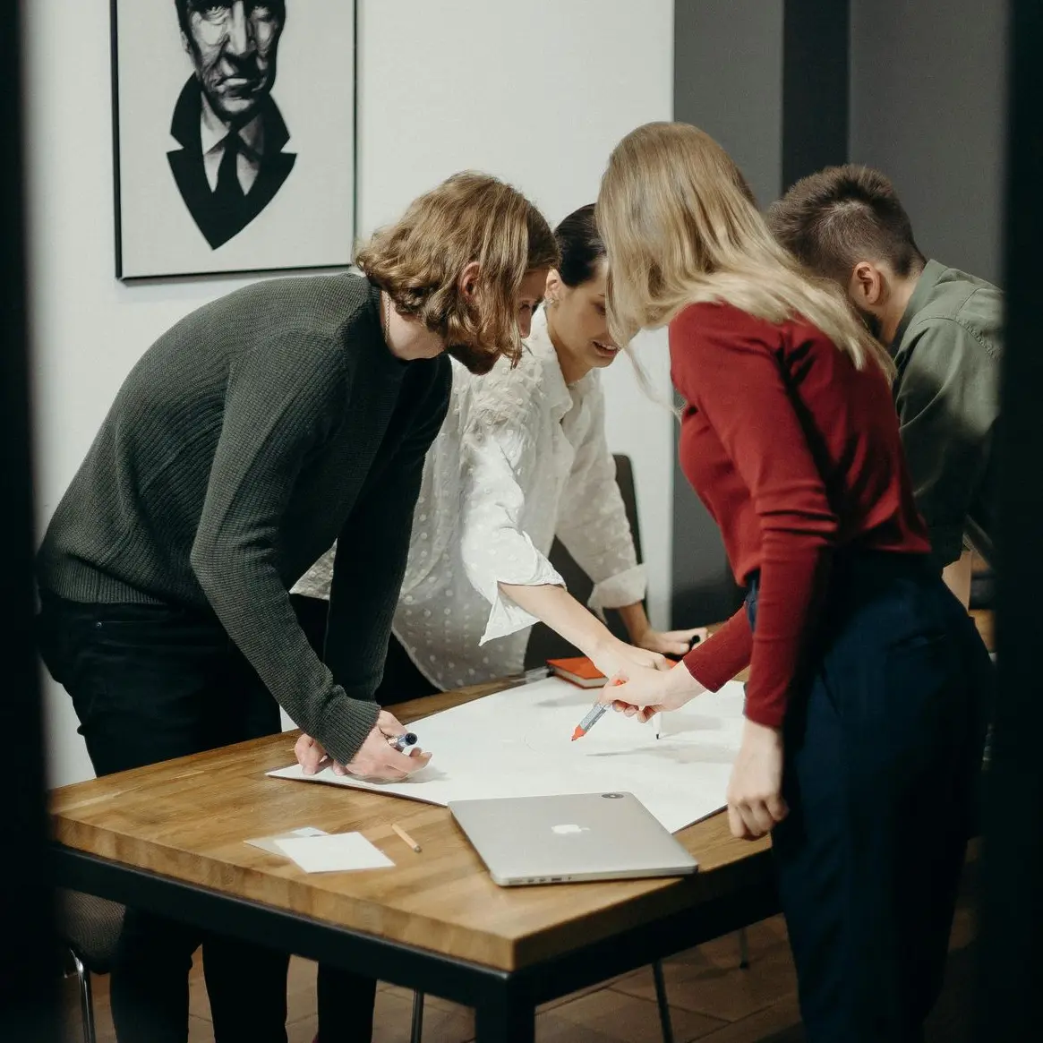group of employees working office